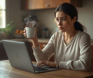 אישה שותה קפה ושואלת שאלת בריאות בצ'אטבוט AI — סיכונים ואזהרות